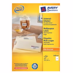 Avery 3478-200, Blanc, A4, Papier, 210 mm, 297 mm, 200 pièce(s)