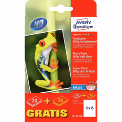 Avery C2549-20P, Hautement brillant, 200 g/m², Jet d'encre, 10x15 cm, Blanc, 40 feuilles