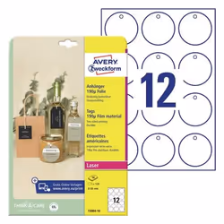 Avery Tags, Blanc, Imprimante d'étiquette non-adhésive, Polyester, Laser/a jet d'encre, Mat, Cercle