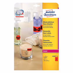Avery L6005-25, Rouge, Rectangle aux angles arrondis, Amovible, A4, Papier, Universel