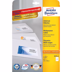 Avery 3655-10, Blanc, Rectangle, Permanent, A4, Papier, Laser/a jet d'encre