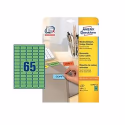 Avery L4792-20, Vert, 38.1 x 21.1 mm, A4, Papier, 1300 pièce(s), 65 pièce(s)