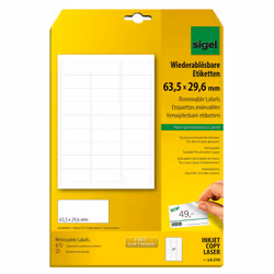 Sigel LA210, Blanc, Rectangle aux angles arrondis, Amovible, 63.5 x 29.6 mm, A4 (210x297 mm), Universel