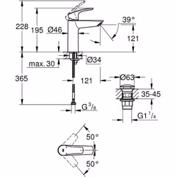 Installation monotrou levier en métal GROHE SilkMove cartouche céramique 28 mm limiteur de débit réglable avec limiteur de te ...