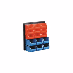Description Avec élément mural simple. 9 boîtes de rangement rouges taille 1. 6 boîtes de rangement bleues taille 2.