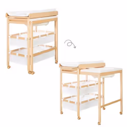 ROBA Table à Langer avec Baignoire Coulissante Baby Pool + Matelas à Langer Imperméable et Étagères en tissu Blanc - Bois Nat ...