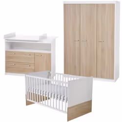 Chambre Bébé Complète Gabriella ROBA - Lit Évolutif 70x140 + Commode à Langer + Armoire 3 Portes - Blanc / Chêne Scié
