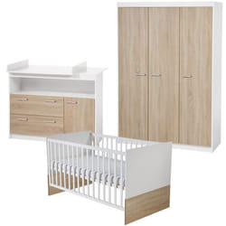 Chambre Bébé Complète Gabriella ROBA - Lit Évolutif 70x140 + Commode à Langer + Armoire 3 Portes - Blanc / Chêne Scié