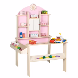 Épicerie en bois ROBA - Marchande avec Caisse Électronique et Accessoires - Rose et Blanc