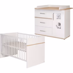 Chambre Bébé Duo Pia ROBA - Lit Évolutif 70x140 + Commode à Langer - Blanc / Chêne San Remo