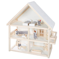 ROBA Maison de Poupée à 3 Étages en Bois Naturel + 16 Pièces de Mobilier et 4 Poupées - Jouet dImitation