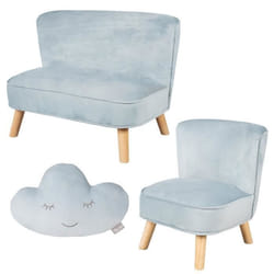 ROBA Canapé et Fauteuil Enfant Lil Sofa  + Coussin Décoratif Nuage - Ensemble en Velours - Bleu clair