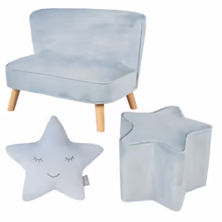 ROBA Canapé et Pouf Enfant Lil Sofa  + Coussin Décoratif Étoile - Ensemble en Velours - Bleu clair