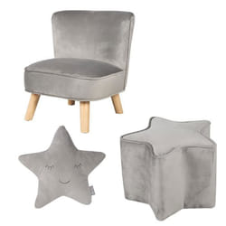 ROBA Fauteuil et Pouf Enfant Lil Sofa + Coussin Décoratif Étoile - Ensemble en Velours - Gris Argenté