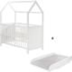 ROBA Lit Bébé Cabane 60x120 cm + Plan et Matelas à langer - Convertible en Lit Cododo - Hauteur Réglable - Bois Laqué Blanc