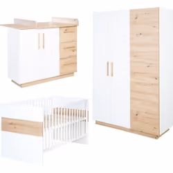 ROBA Chambre Bébé Complète Lion - Lit Évolutif 70x140 cm + Commode à Langer + Armoire 3 Portes - Blanc / Décor Bois