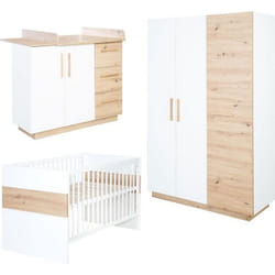 ROBA Chambre Bébé Complète Lion - Lit Évolutif 70x140 cm + Commode à Langer + Armoire 3 Portes - Blanc / Décor Bois