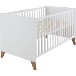 Lit Bébé Évolutif 70 x 140 cm Ole - ROBA - Convertible en Lit Junior - avec Sommier à Hauteur Réglable - Blanc - Pieds Chêne Massif