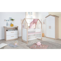Chambre bébé complète : Lit 60 x 120 cm + commode à langer évolutive + armoire - CABANE - ROBA - Chêne / Blanc