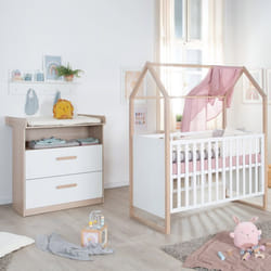 Chambre bébé duo : Lit 60 x 120 cm + commode à langer évolutive - CABANE - ROBA - Chêne / Blanc