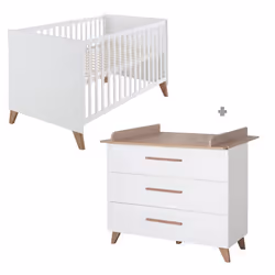 Chambre Bébé Duo ROBA - Ole - Lit Évolutif 70x140 cm + Commode à Langer avec Plan à Langer Amovible - Blanc - Chêne Foncé