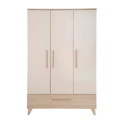 ROBA Armoire Enfant Sidney - 3 Portes + 1 Tiroir - Poignées et Pieds en Bois Massif - Beige / Décor Chêne