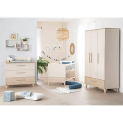 ROBA Chambre Bébé Trio Sidney - Lit Évolutif 70x140 + Commode à Langer + Armoire - Beige - Décor Chêne