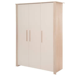 Armoire Bébé 3 Portes Battantes ROBA - Momo - 1 Tringle et 6 Étagères - Poignées en Bois Massif - Beige Cashmere - Chêne Tristan