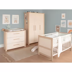 Chambre Bébé Complète ROBA - Momo - Lit Évolutif 70x140 + Commode à Langer + Armoire - Beige Cashmere - Chêne Tristan