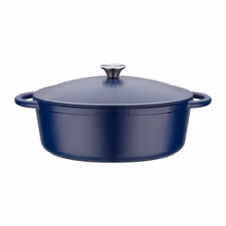 Découvrez la cocotte ovale GSW BLUE MAGIC en fonte massive de 33x25 cm et 6,5L, idéale pour des plats mijotés. Son couvercle  ...