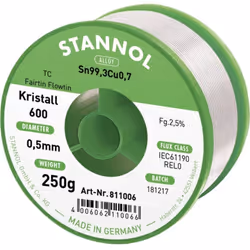 Informations techniques Alliage : Sn99,3Cu0,7 Modèle (étain) : sans plomb Poids : 250 g Type de flux : REL0 Ø des fils : 0.5 ...