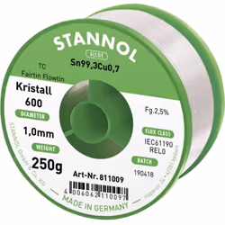 Informations techniques Alliage : Sn99,3Cu0,7 Modèle (étain) : sans plomb Poids : 250 g Type de flux : REL0 Ø des fils : 1 mm ...