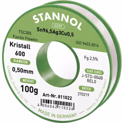 Informations techniques Alliage : Sn96,5Ag3Cu0,5 Modèle (étain) : sans plomb Poids : 100 g Type de flux : REL0 Ø des fils : 0 ...