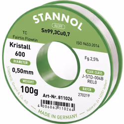 Informations techniques Alliage : Sn99,3Cu0,7 Modèle (étain) : sans plomb Poids : 100 g Type de flux : REL0 Ø des fils : 0.5  ...