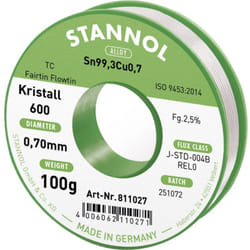 Stannol - Kristall 600 Fairtin Étain à souder sans plomb sans plomb Sn99,3Cu0,7 REL0 100 g 0.7 mm