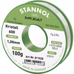 Informations techniques Alliage : Sn99,3Cu0,7 Modèle (étain) : sans plomb Poids : 100 g Type de flux : REL0 Ø des fils : 1 mm ...
