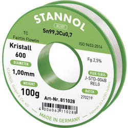 Stannol - Kristall 600 Fairtin Étain à souder sans plomb sans plomb Sn99,3Cu0,7 REL0 100 g 1 mm