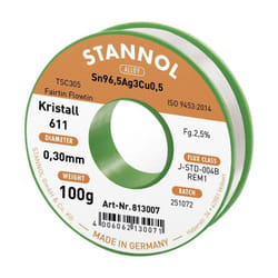 Stannol - Kristall 611 Fairtin Étain à souder sans plomb sans plomb Sn96,5Ag3Cu0,5 REM1 100 g 0.3 mm Q714012