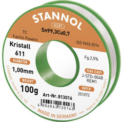 Stannol - Kristall 611 Fairtin Étain à souder sans plomb sans plomb Sn99,3Cu0,7 REM1 100 g 1 mm
