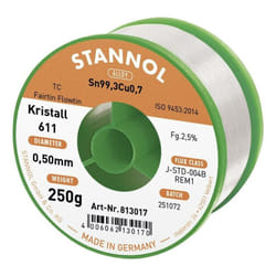 Stannol - Kristall 611 Fairtin Étain à souder sans plomb sans plomb Sn99,3Cu0,7 REM1 250 g 0.5 mm Q714432