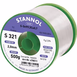 Stannol S321 20% 20MM SN993CU07CD 500G Étain à souder sans plomb sans plomb bobine Sn993Cu07 ORH1 500 g 2 mm