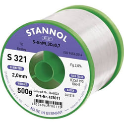Stannol S321 20% 20MM SN993CU07CD 500G Étain à souder sans plomb sans plomb bobine Sn993Cu07 ORH1 500 g 2 mm