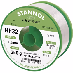 Informations techniques Alliage : Sn99,3Cu0,7 Modèle (étain) : bobine Poids : 250 g Type de flux : REL0 Ø des fils : 1 mm Fil ...