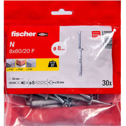 30 chevilles à frapper n Ø8 x 60 mm collerette plate et clou tête plate pour constructions métalliques Fischer