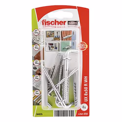 Fischer 94625, Kit de fiches murales et crochets, Brique, Béton, Plaque de plâtre, Nylon, Gris, CE, 8 mm