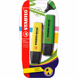 STABILO Boss Original, 2 pièce(s), Vert, Jaune, Pointe biseautée, Multicolore, Rectangle, 2 mm