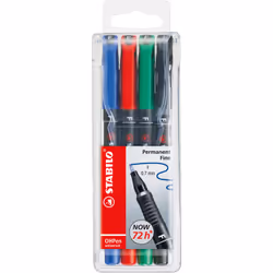 STABILO OHPen universal permanent, 4 Pack, Noir, Bleu, Vert, Rouge, Pointe ogive, Multicolore, Polypropylène (PP), Fin, 0,7 m ...