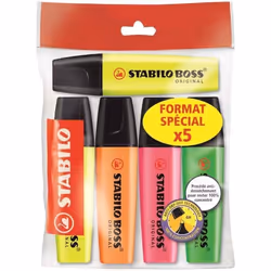 Surligneur - STABILO - BOSS ORIGINAL - Ecopack de 5 - Pointe biseautée - Encre rechargeable