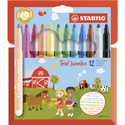 STABILO Trio Jumbo, 12 couleurs, Noir, Bleu, Marron, Vert, Cyan clair, Vert clair, Orange, Pêche, Rose, Rouge, Blanc, Jaune, ...
