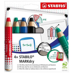Etui carton x 4 crayons multi-talents STABILO woody 3in1 pour ardoises et tableaux blanc + 1 taille crayon + 1 chiffonnette - noir